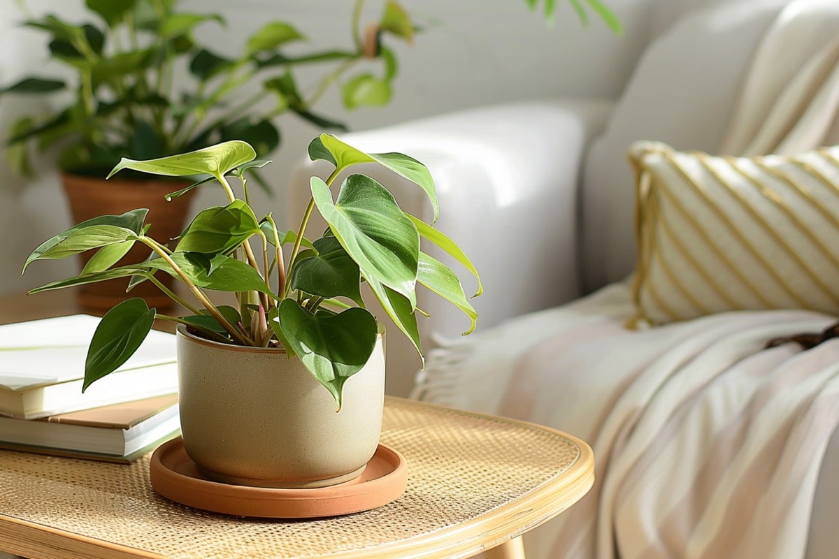 Philodendron in einem Übertopf auf einem Tisch